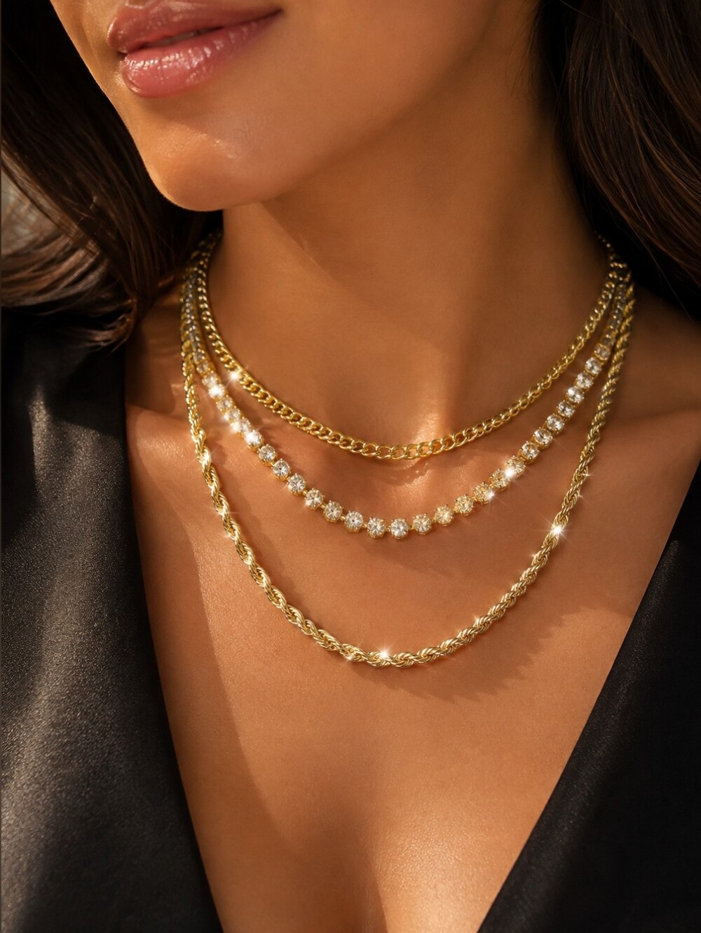 Gold-Tone Layered Necklace Set with Crystal Accents. Stainless  Steel